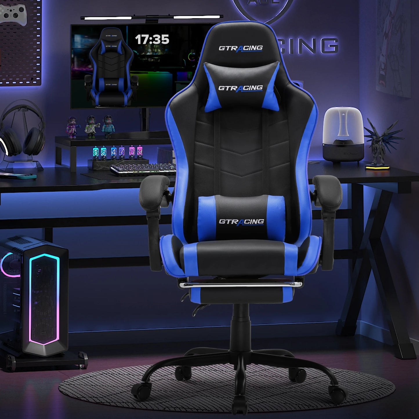 Ergonomic GTWD-200 Gaming and Office Chair with Adjustable Lumbar Support and Footrest in Blue