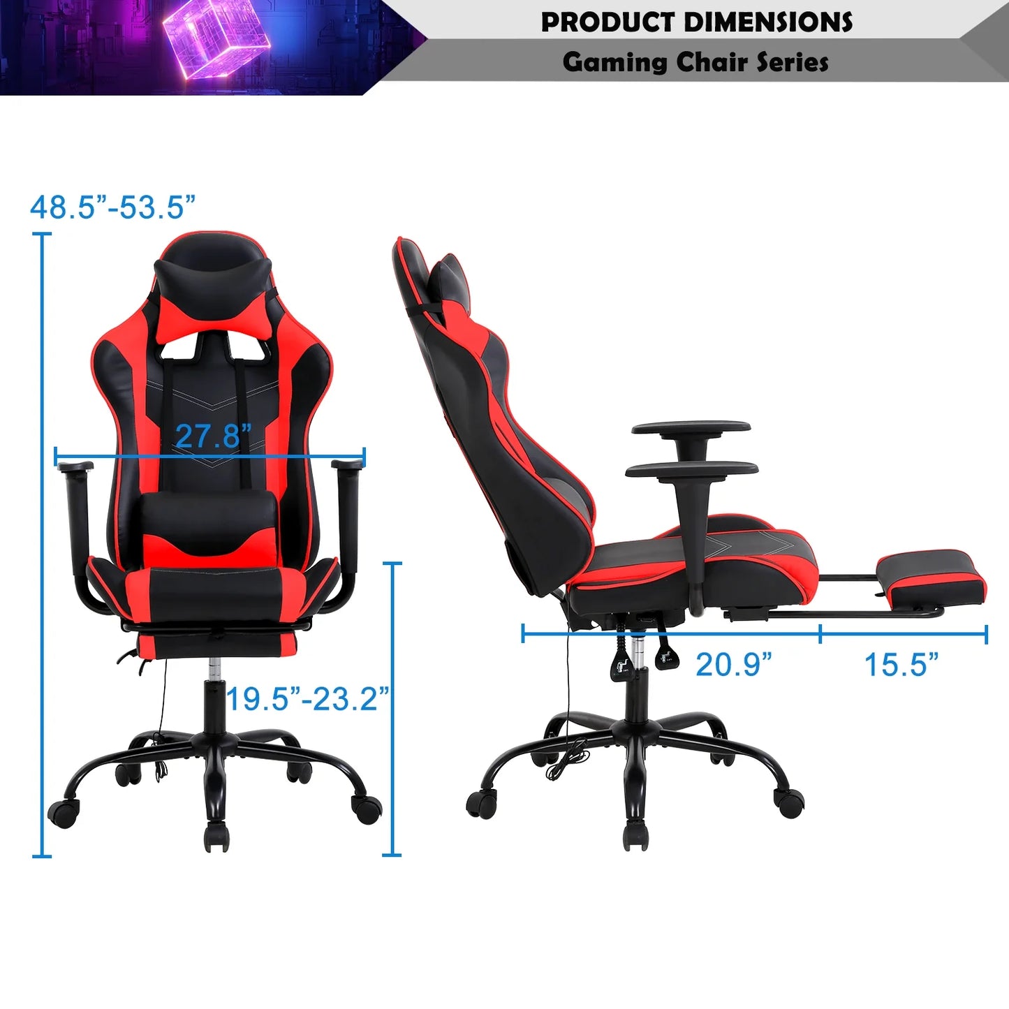 Ergonomic Racing Office Chair with Massage Function, PU Leather Recliner, Lumbar Support, Headrest, Armrest, Footrest, and Swivel Base for Adults - Red