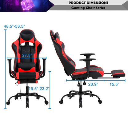 Ergonomic Racing Office Chair with Massage Function, PU Leather Recliner, Lumbar Support, Headrest, Armrest, Footrest, and Swivel Base for Adults - Red