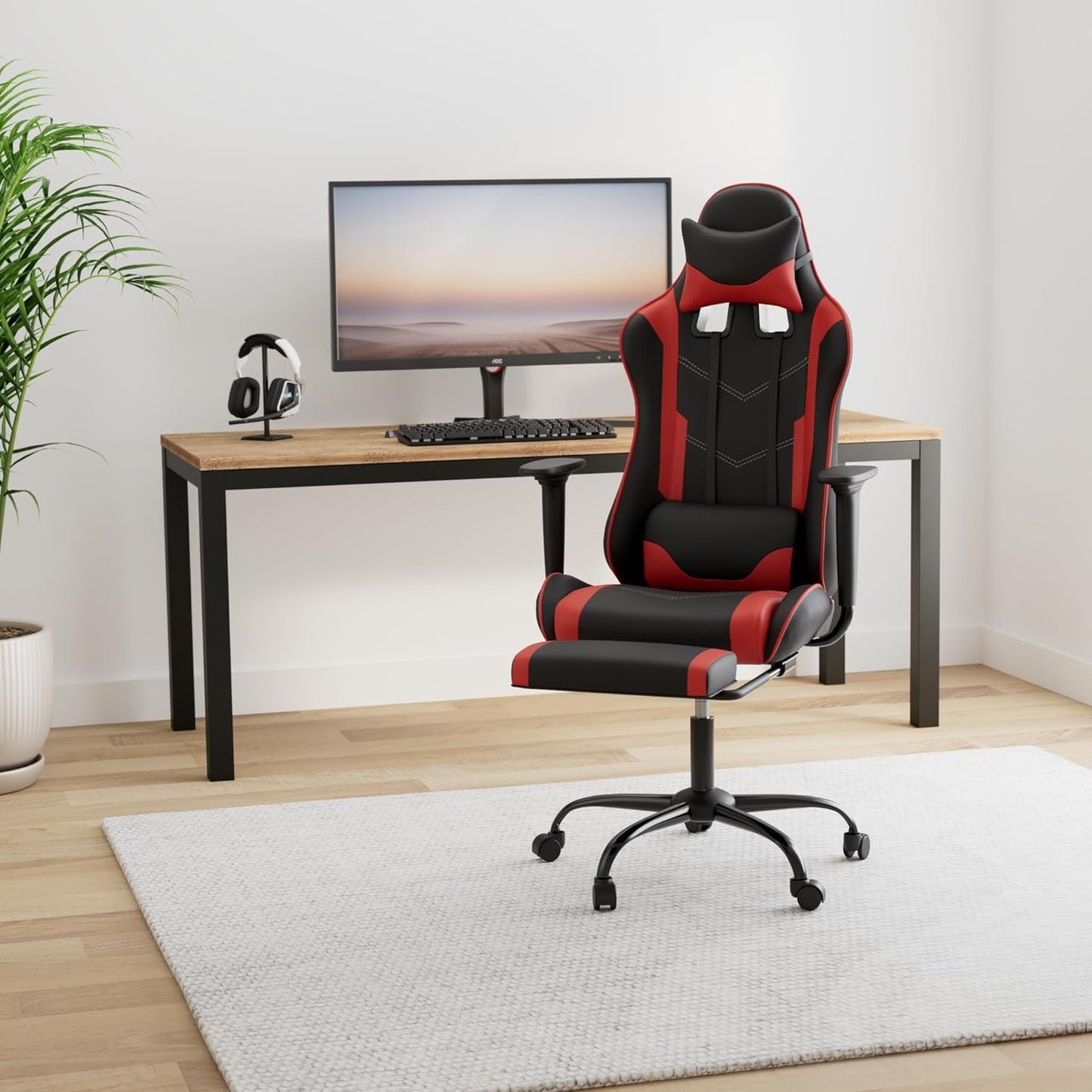 Ergonomic Red Gaming Chair with Recline Function, Lumbar Support, Headrest Pillow, and Adjustable Footrests - 360-Degree Swivel and Heavy-Duty Wheels for Home and Office Use