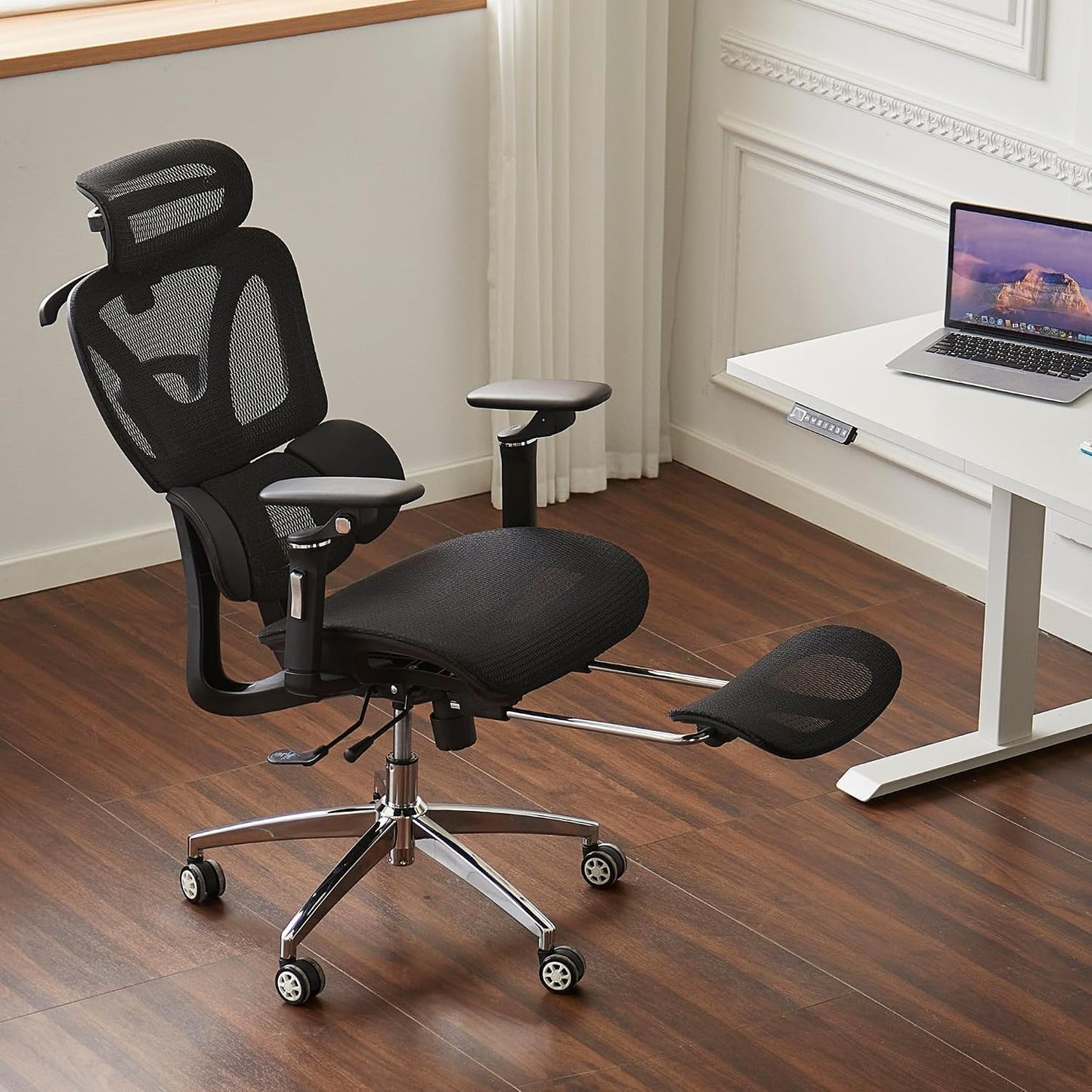 Ergonomic Mesh Office and Gaming Chair with Footrest, High Back Design, 3D Lumbar Support, 130° Tilt, Adjustable Seat Depth, 6D Armrests, and 3D Headrest (Black Pro)