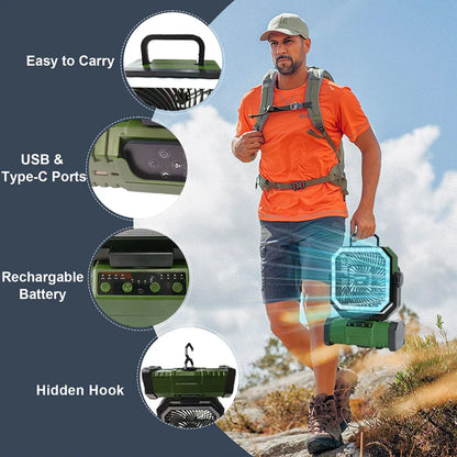 Camping Portable Desk Fan with LED Light Rechargeable Quiet Camping Fan 20000Mah Battery Hanging Hook for Trip Home Bedroom