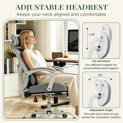 Ergonomic High Back Office Chair with Footrest and Lumbar Support, Adjustable Recline and Mesh Back for Home and Gaming, Grey