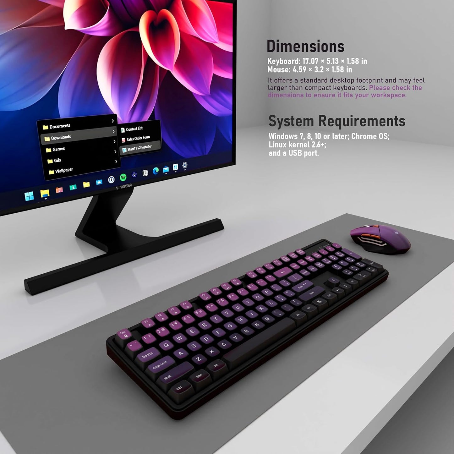 Wireless Keyboard and Mouse Combo, Rechargeable and Quiet, Full-Size with Number Pad, MDA Sculpted Keycaps, Ergonomic Mouse, 2.4Ghz Cordless Plug & Play for Windows PC Laptop Desktop(Lavender Purple