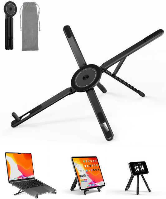 Portable Laptop Stand for Desk, Foldable Adjustable Computer Riser with Magnetic Phone Holder, Aluminum Laptop Stand for 10–16” Laptops & 4–13” Phones/Tablets (Black)