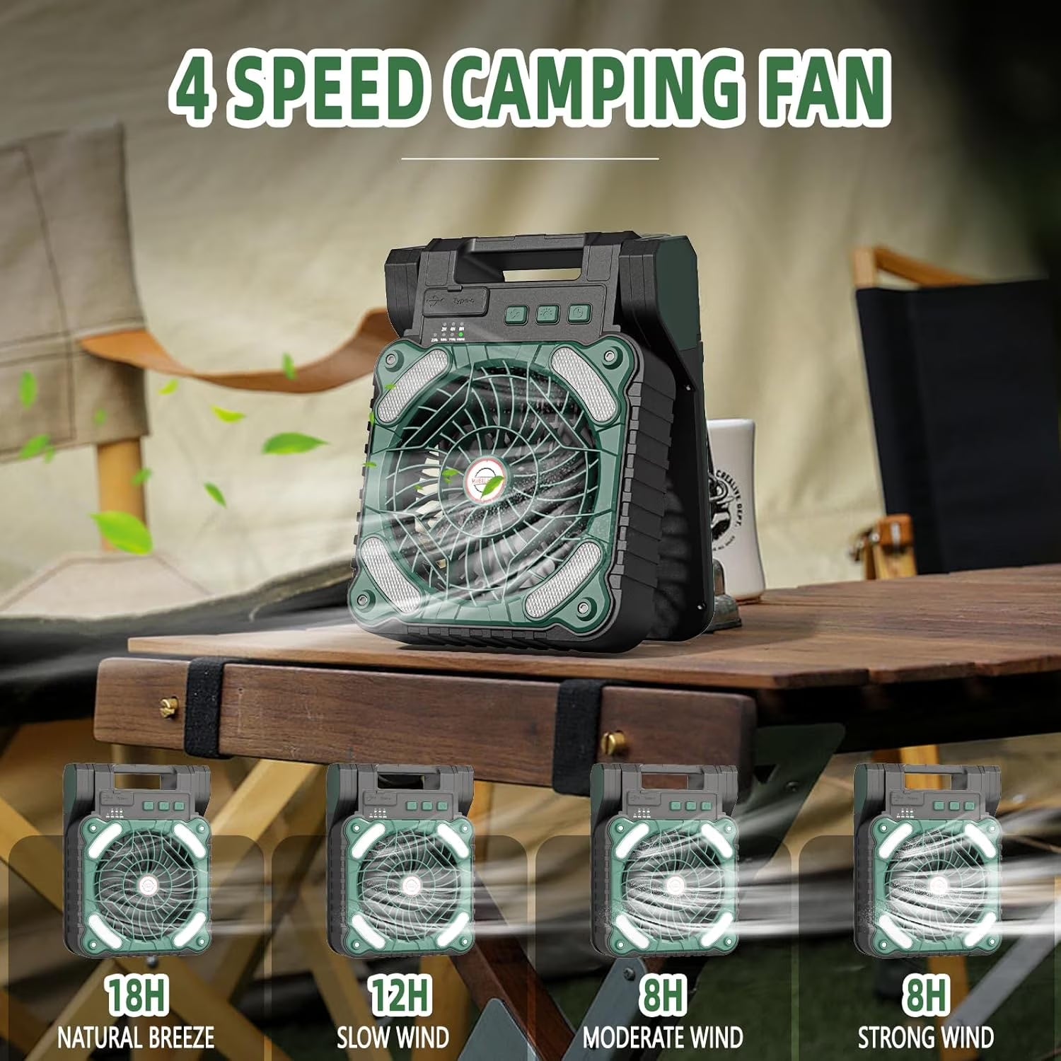 Solar Camping Fan with Light, 4 Speeds USB Rechargeable Solar Powered Fan with Timer, 90° Folding Portable Desk Fan with Power Bank Feature for Hurricane Outages Outdoor Camping Fishing Travel BBQ