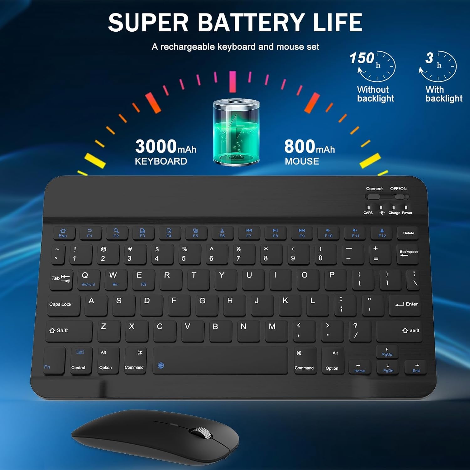 Rechargeable Bluetooth Keyboard and Mouse Combo, Universal Ultra-Slim Wireless Keyboard Mouse Set for Android Windows Ipad Iphone Samsung Tablet Portable Compact Keyboard Set (Black)