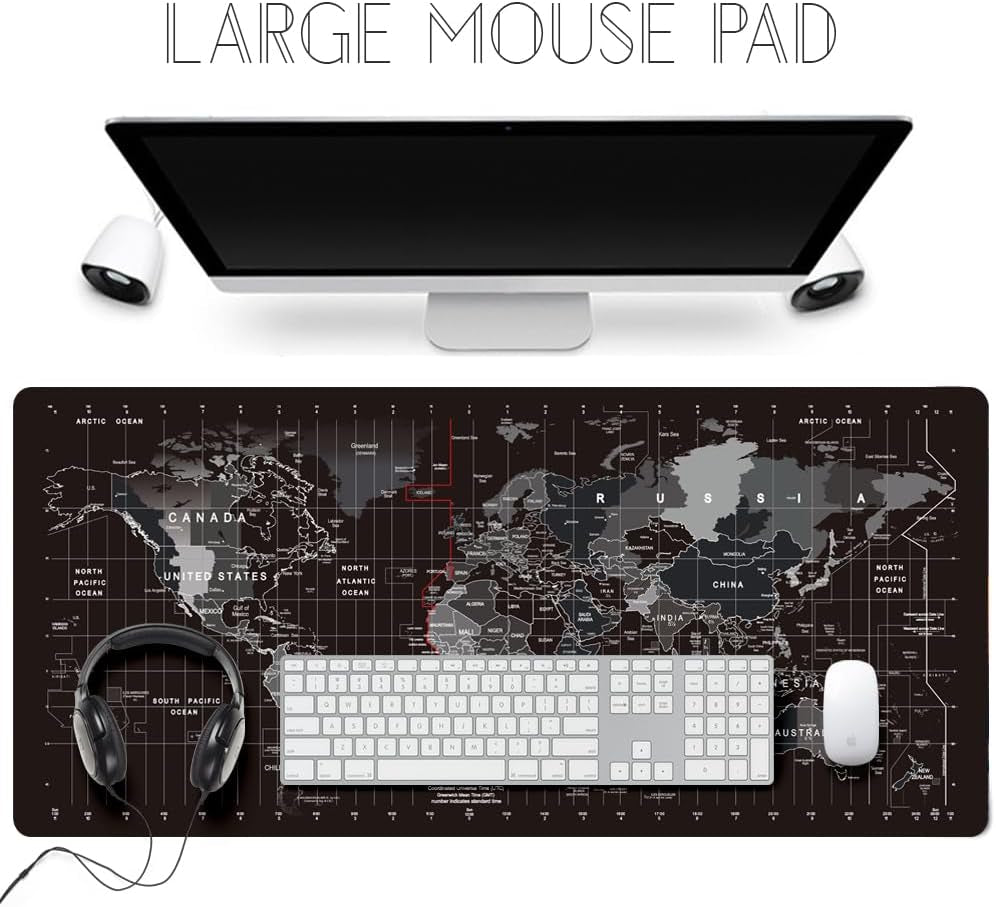 XXL Extended World Map Gaming Mouse Pad (900x400x3mm) with Stitched Edges for Home Office and Gaming Setups