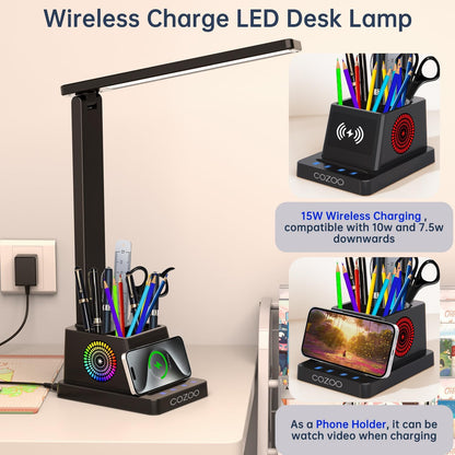 LED Desk Lamp for Home Office, Desk Light with 15W Wireless Charger Pen Holder, 12 Lighting Modes Desk Lamp for Bedroom, Small Table Lamp for College Dorm, Study, Craft, Nail, Foldable Black