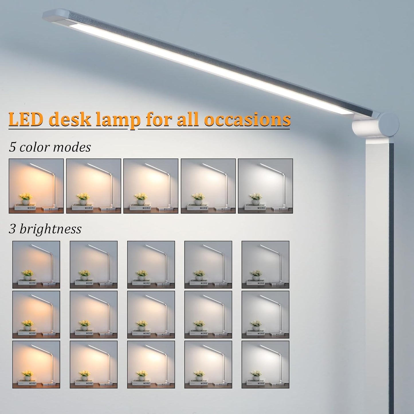 LED Desk Lamp with USB Ports,Touch Desk Lamps for Home Office with 5 Color Modes,3 Brightness Desk Light with Small Night Light,Reading Lamp Table LED Lamp for Bedroom Bedsid Study Sliver