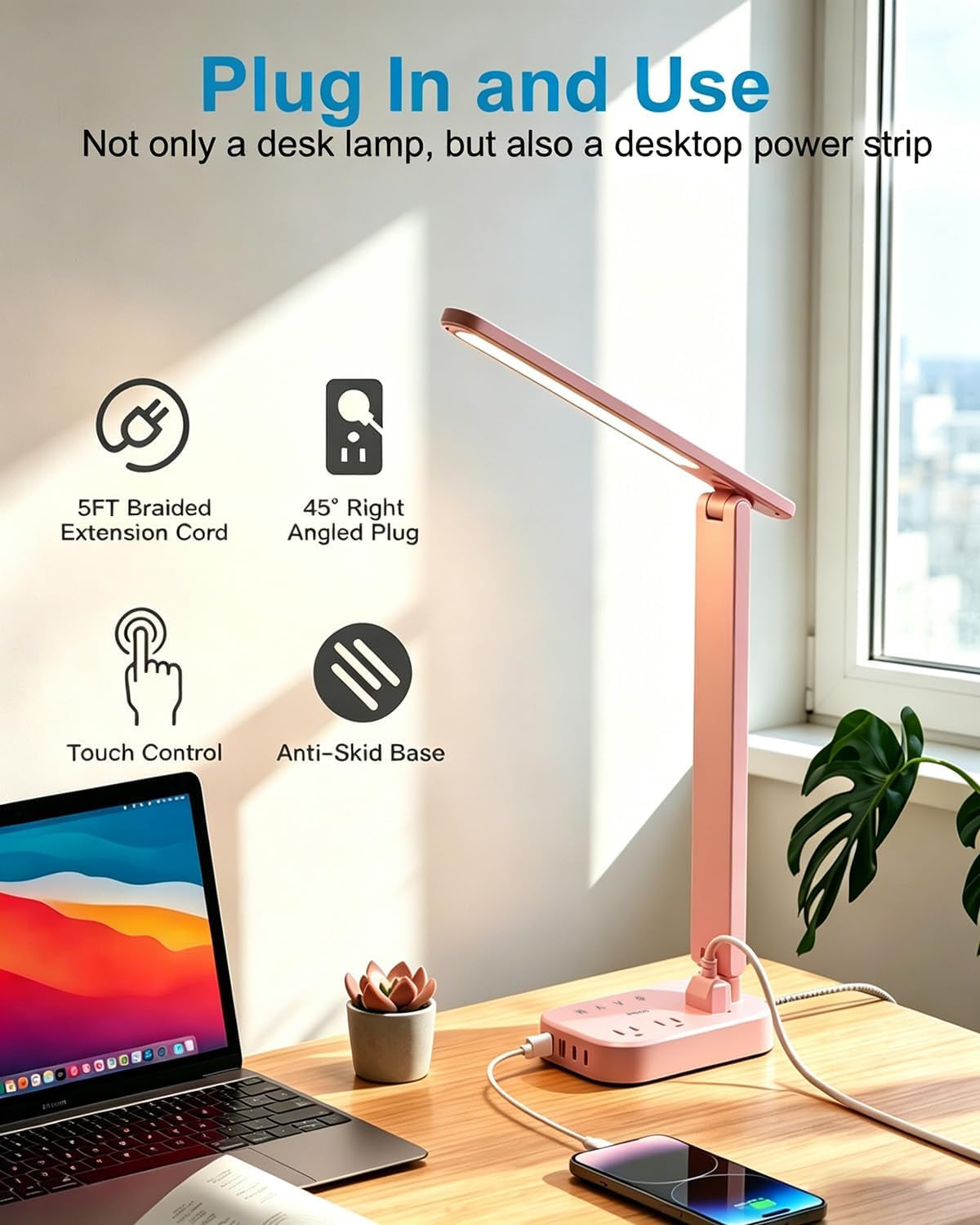 Small LED Desk Lamp Power Strip 5Ft Extension Cord with 3 Outlets 4 USB Ports(2 USB C), 4 Modes, 5 Level Touch Lamp Study Reading Light, Home Office Bedroom College Dorm Room Essentials, Pink