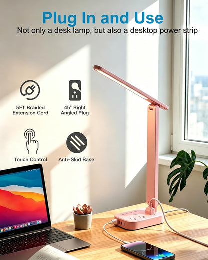 Small LED Desk Lamp Power Strip 5Ft Extension Cord with 3 Outlets 4 USB Ports(2 USB C), 4 Modes, 5 Level Touch Lamp Study Reading Light, Home Office Bedroom College Dorm Room Essentials, Pink