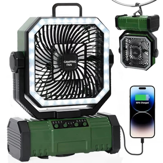Rechargeable Portable Desk Fan with LED Light and 20000mAh Battery - Ideal for Camping, Home, and Bedroom Use with Hanging Hook