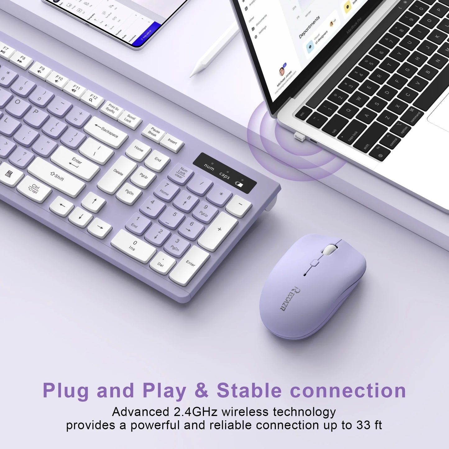 Wireless Keyboard and Mouse Combo , 2.4G Full Size, 12 Multimedia and Shortcut Keys, 3-Year Battery Life, for Windows, Mac OS Desktop/Laptop/Pc(Purple)