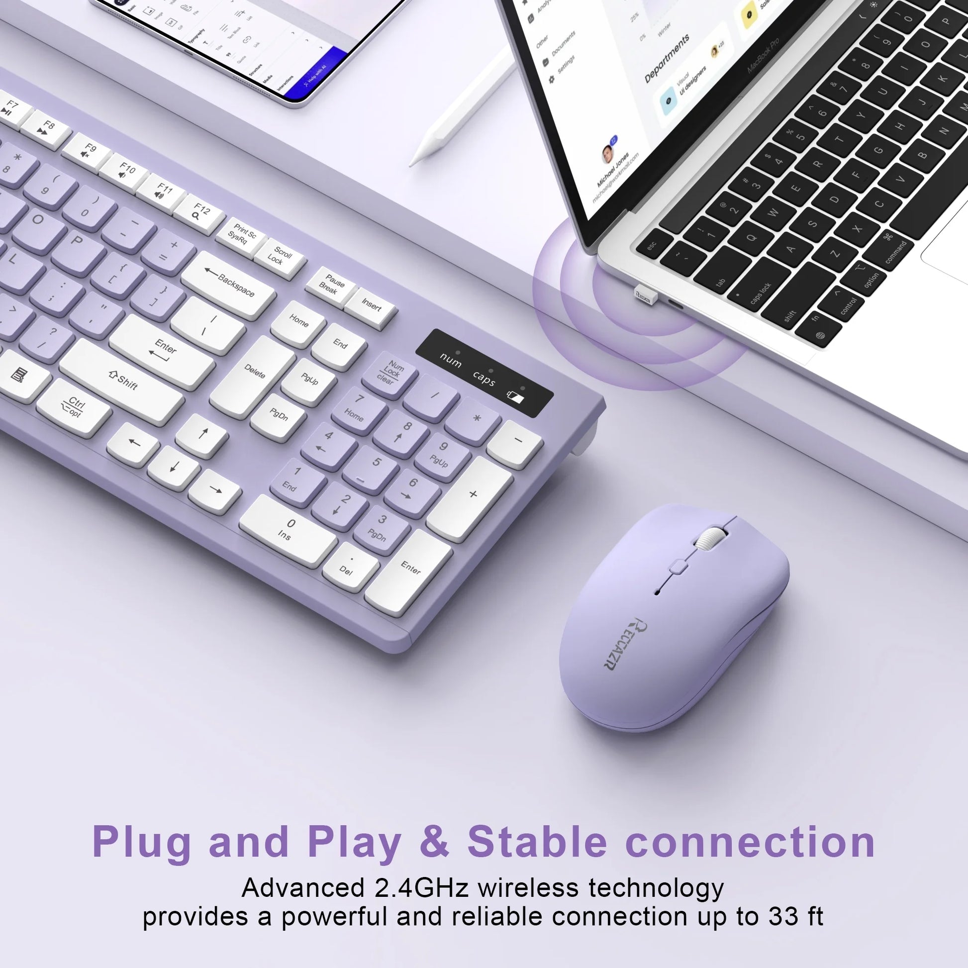 Wireless Keyboard and Mouse Combo , 2.4G Full Size, 12 Multimedia and Shortcut Keys, 3-Year Battery Life, for Windows, Mac OS Desktop/Laptop/Pc(Purple)