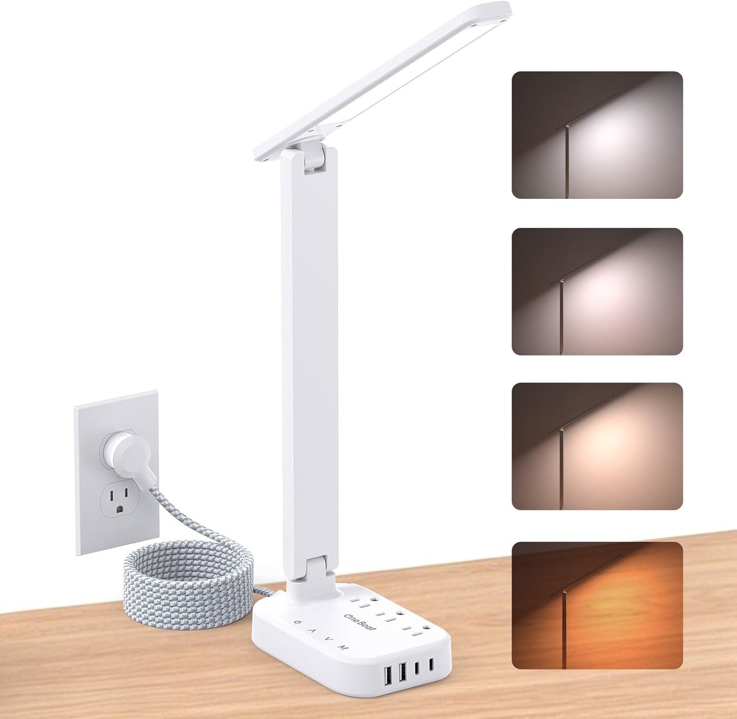 Small LED Desk Lamp Power Strip 10Ft Extension Cord, 3 Outlets 4 USB Ports(2 USB C), 4 Modes, 5 Level Touch Lamp, Study Reading Light, Home Office Bedroom College Dorm Room Essentials, White