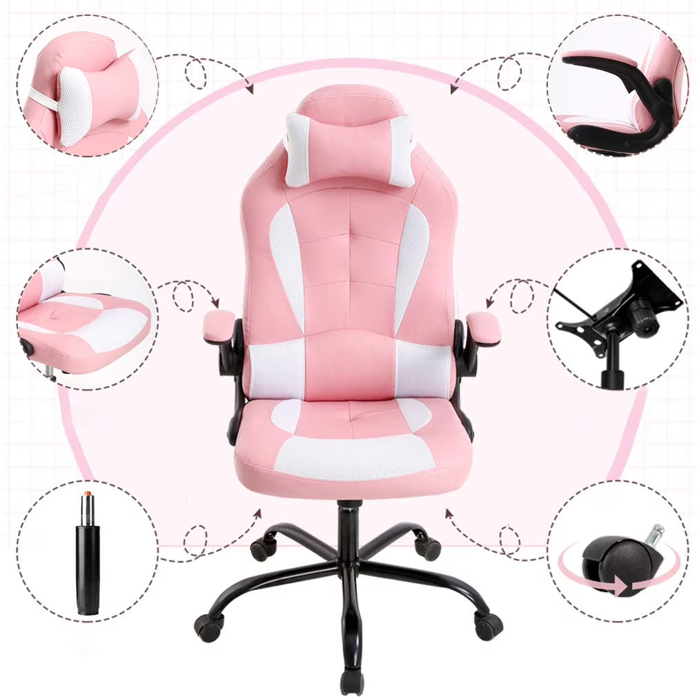 Ergonomic PU Leather Massage Gaming Chair with Lumbar Support - Pink Office Chair for Girls