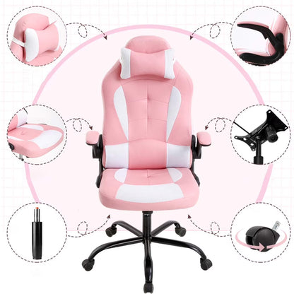 Ergonomic PU Leather Massage Gaming Chair with Lumbar Support - Pink Office Chair for Girls