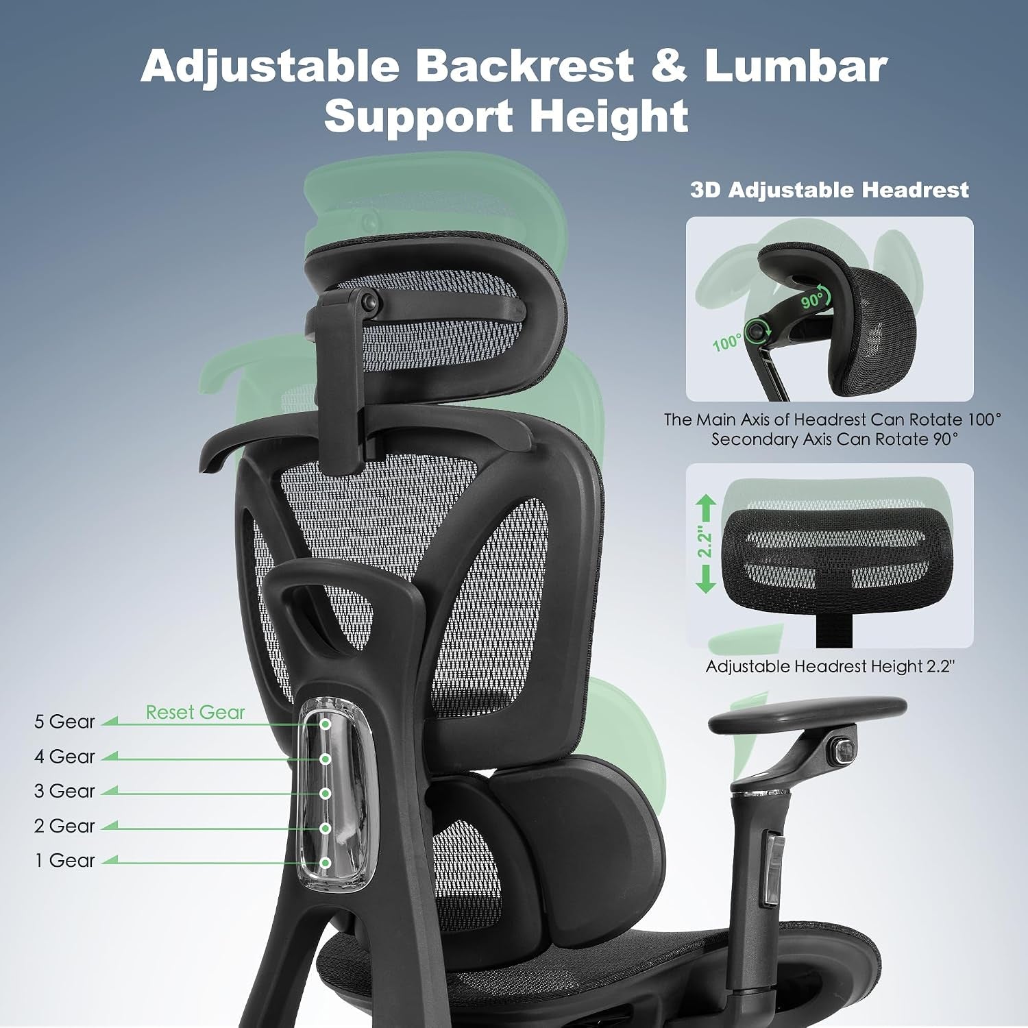 Ergonomic Mesh Office and Gaming Chair with Footrest, High Back Design, 3D Lumbar Support, 130° Tilt, Adjustable Seat Depth, 6D Armrests, and 3D Headrest (Black Pro)
