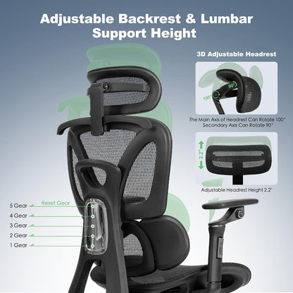 Ergonomic Mesh Office and Gaming Chair with Footrest, High Back Design, 3D Lumbar Support, 130° Tilt, Adjustable Seat Depth, 6D Armrests, and 3D Headrest (Black Pro)