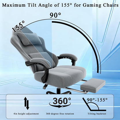 Ergonomic Massage Gaming Chair with Lumbar Support and Footrest, Height Adjustable Fabric Computer Chair with Pocket Spring Cushion (Gray)