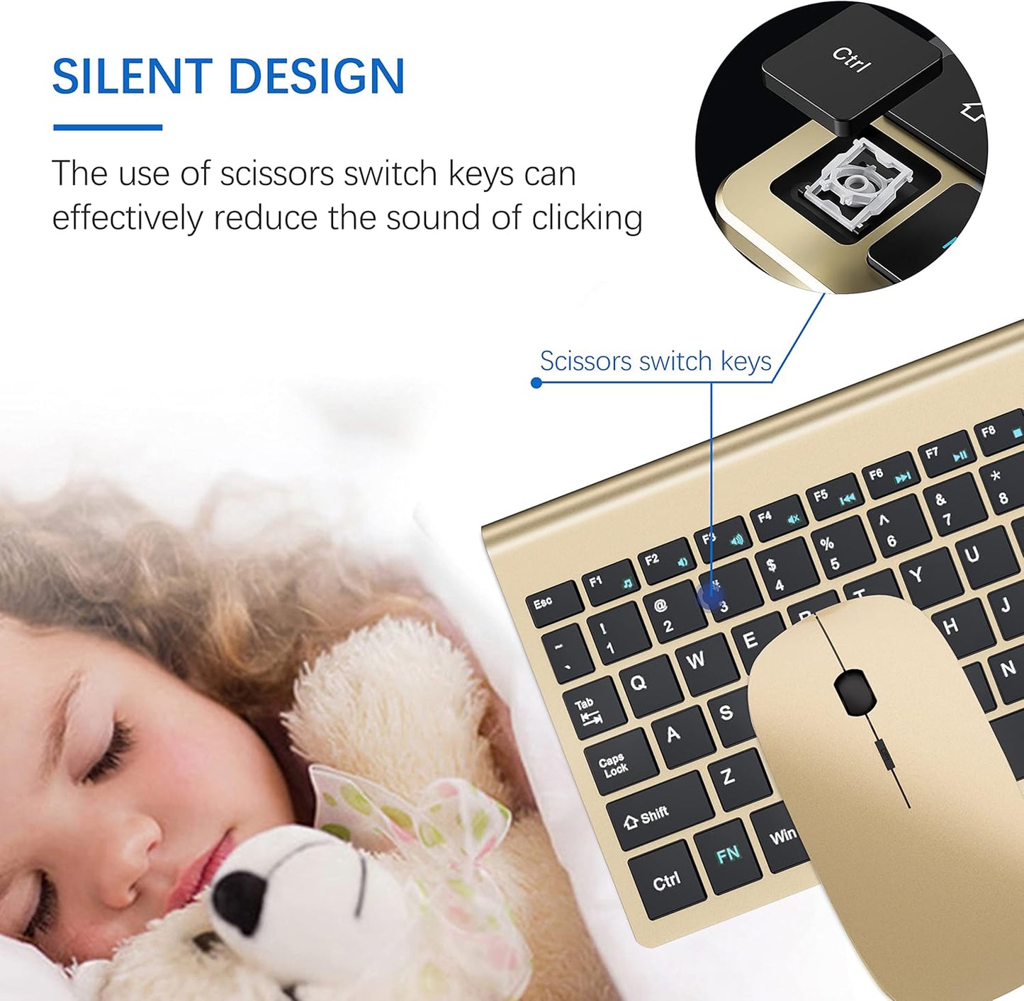 Wireless Keyboard and Mouse Ultra Slim Combo,  2.4G Silent Compact USB 2400DPI Mouse and Scissor Switch Keyboard Set with Cover, Batteries Included, for Pc/Laptop/Windows/Mac - Gold Black