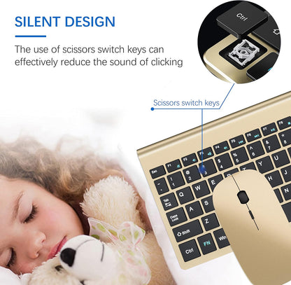 Wireless Keyboard and Mouse Ultra Slim Combo,  2.4G Silent Compact USB 2400DPI Mouse and Scissor Switch Keyboard Set with Cover, Batteries Included, for Pc/Laptop/Windows/Mac - Gold Black