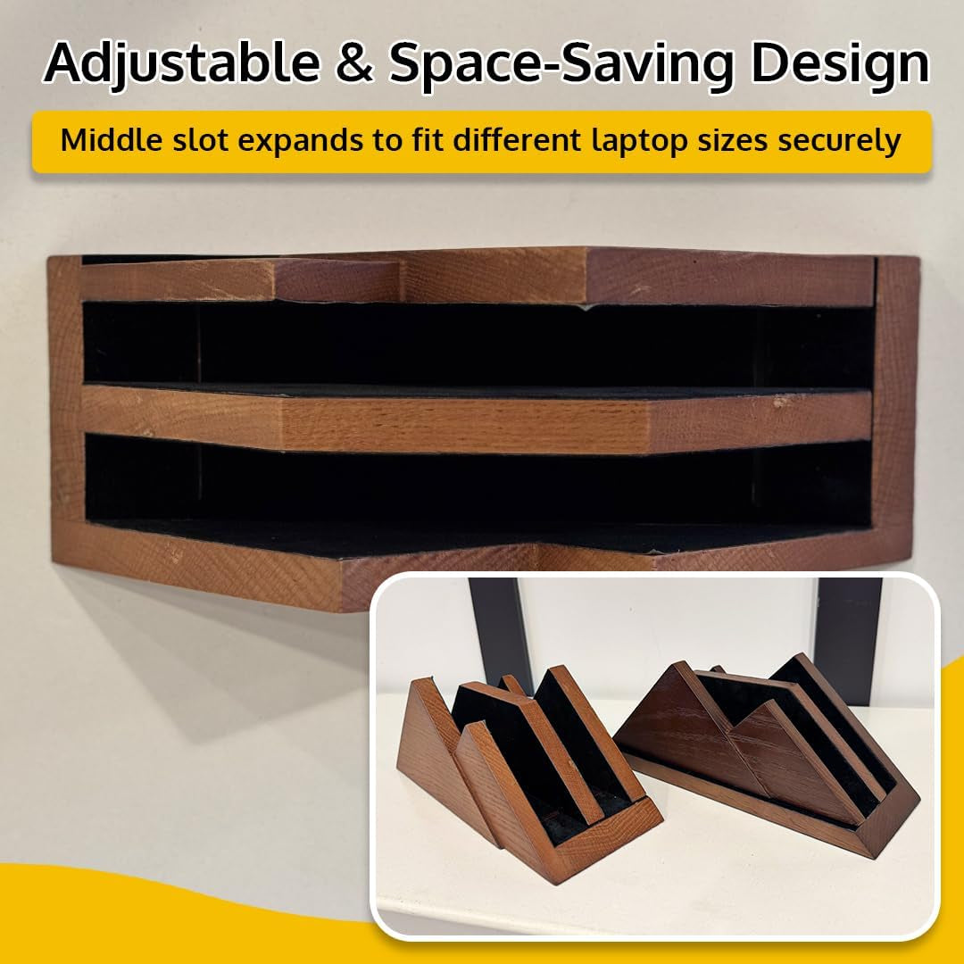 Dual Laptop Holder Vertical Stand 2 Slots Wooden - Light Brown (Oak Color) - Vertical Holder for Desk, Macbook Pro & Air, Desktop Organizer Made of Natural Wood, Adjustable Stand for Notebooks