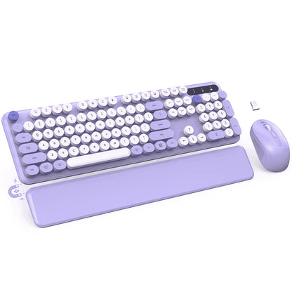 Wireless Keyboard & Mouse Set– Retro round Keycaps, Detachable Wrist Rest, 2.4Ghz Cordless Connection for Mac/Windows/Pc-Purple