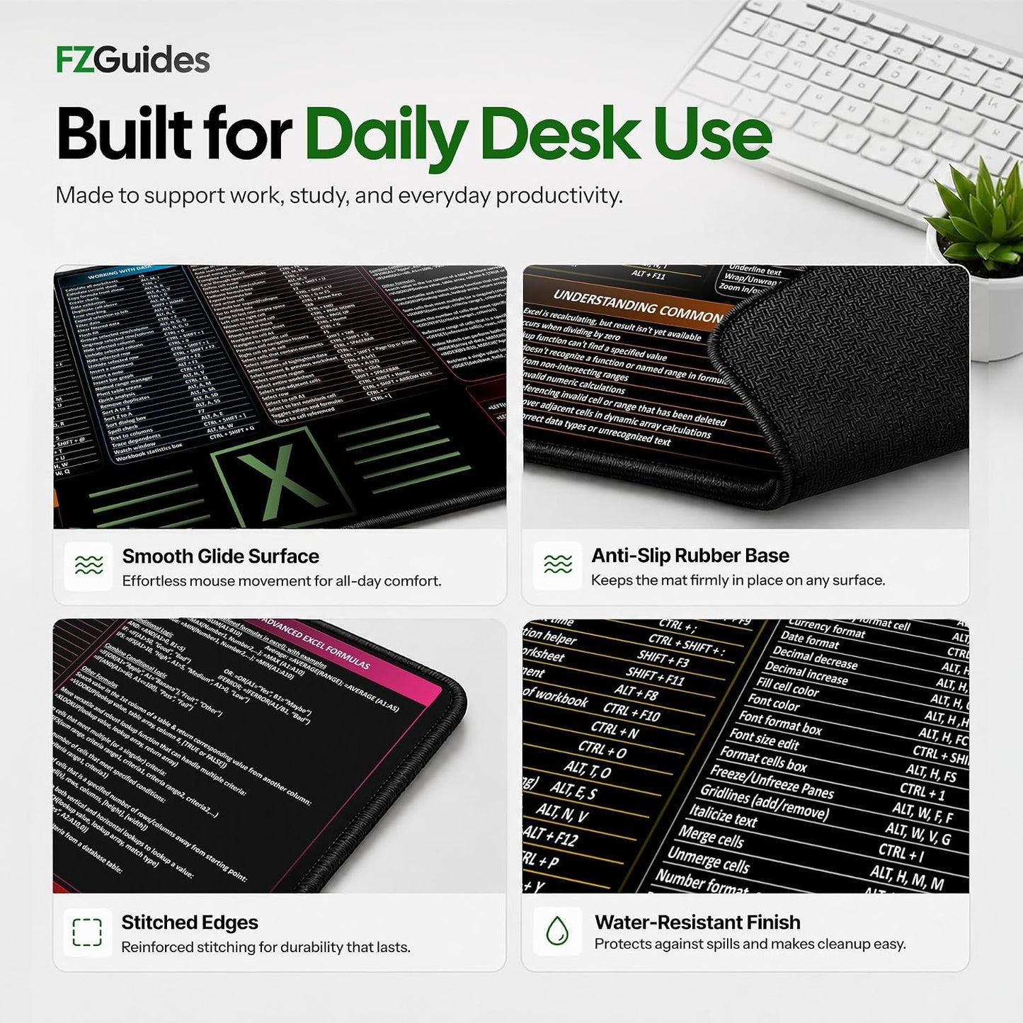 Large Excel Reference Desk Pad - Extended Mouse Mat Featuring Shortcut Keys and Formulas, Waterproof, XL Size 35.5" x 15.7