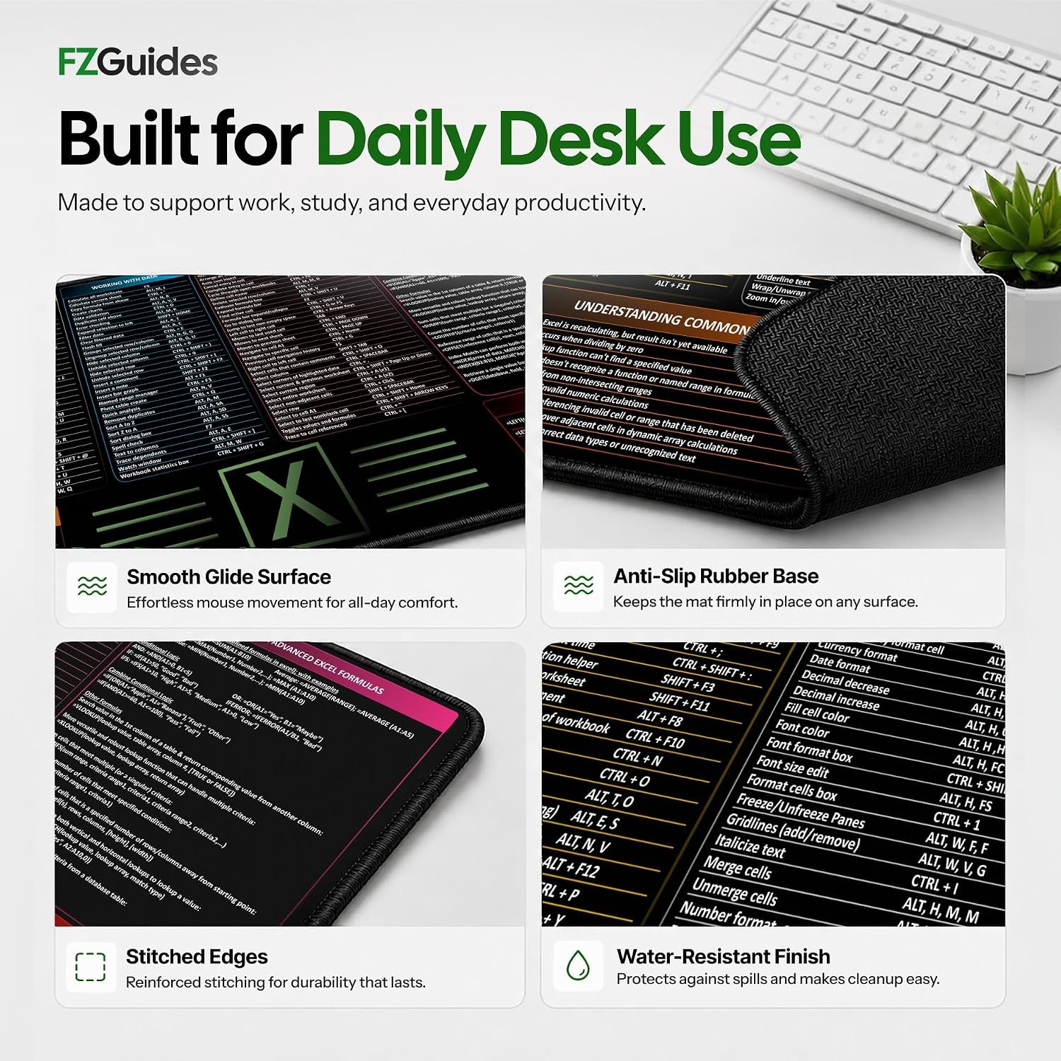 Large Excel Reference Desk Pad - Extended Mouse Mat Featuring Shortcut Keys and Formulas, Waterproof, XL Size 35.5" x 15.7