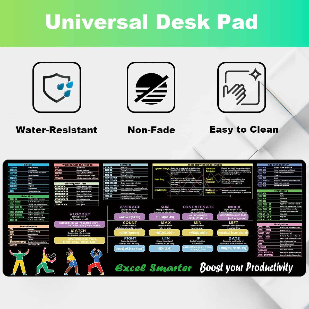 TWXIIT Excel Cheat Sheet Desk Pad - 31.5" x 11.8" Keyboard Shortcut Reference Mat with 11 Function Modules, Common Formulas, and Non-Slip Stitched Edges for Office Use