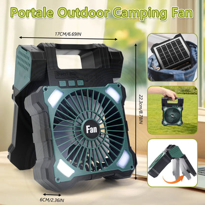 10000Mah Solar Camping Fan with Power Bank & Light, 5 Speeds USB Rechargeable Solar Powered Fan with Timer, 90° Foldable Portable Quiet Desk Fan for Hiking Power Outage Fishing Travel BBQ