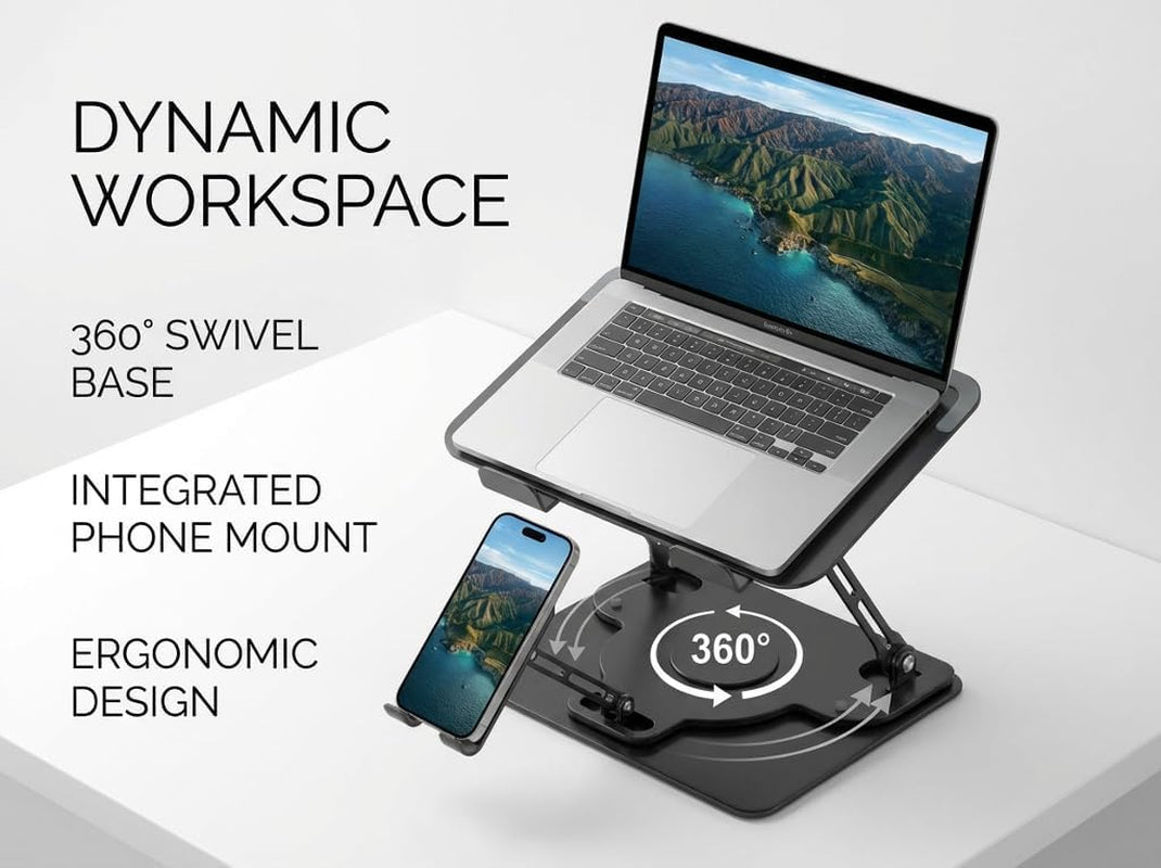 Laptop Stand for Desk,Adjustable Computer Stand with 360° Rotating Base,2-In-1 Laptop Stands with Phone Holder,Ergonomic Laptop Riser for Collaborative Work,Fits for All 10-16" Laptops