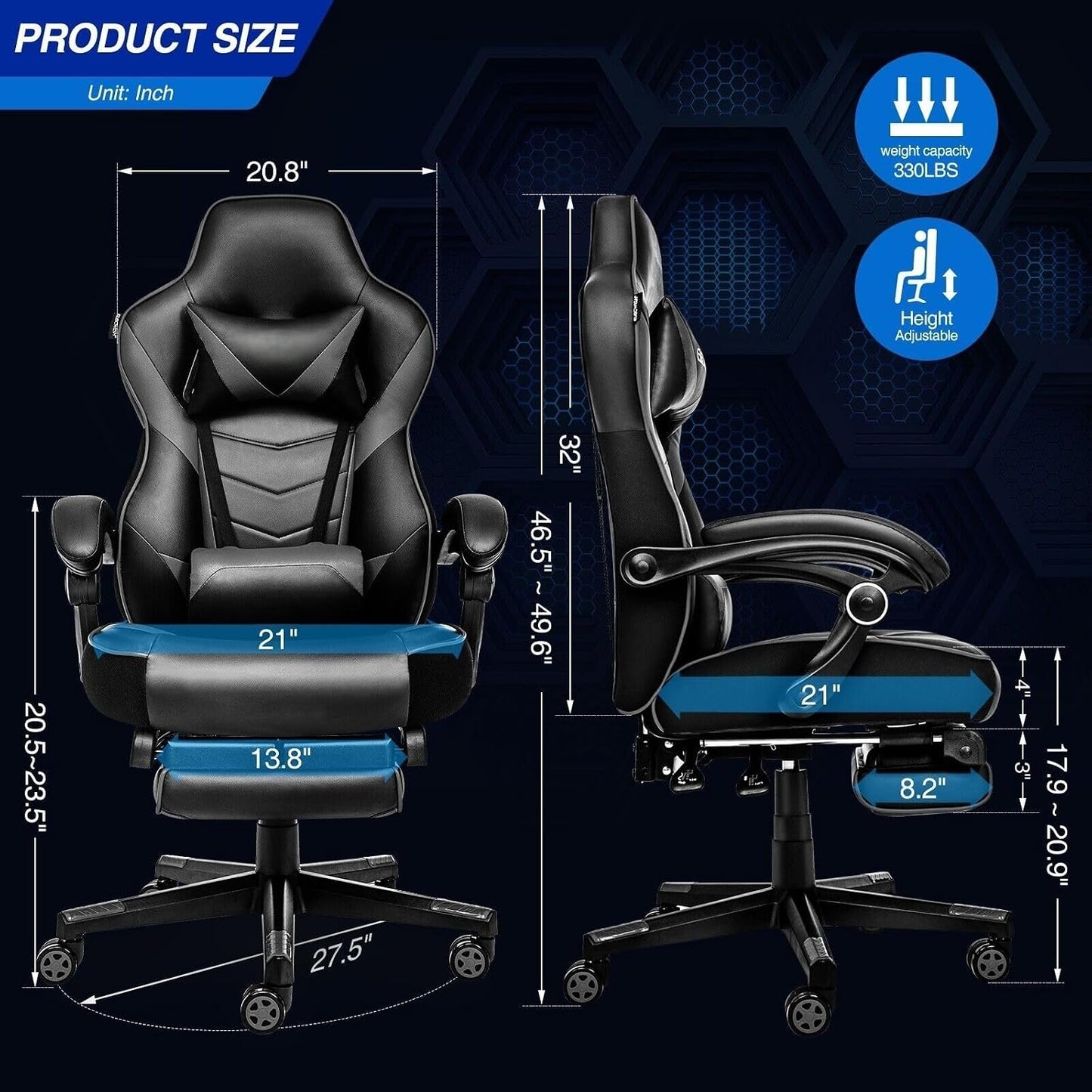 Ergonomic Gaming Chair with Adjustable Backrest and Seat Height, Swivel Recliner Design, Footrest and Lumbar Support, Gray