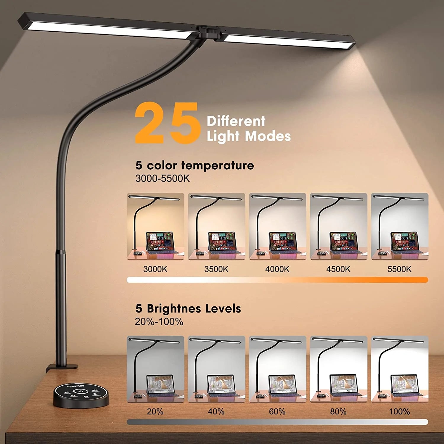 LED Desk Lamp for Home Office - 24W Architect Table Lamp with Clamp Adjustable Head Stepless Dimming Work Light