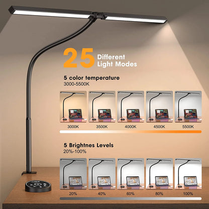 LED Desk Lamp for Home Office - 24W Architect Table Lamp with Clamp Adjustable Head Stepless Dimming Work Light