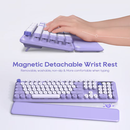 Wireless Keyboard & Mouse Set– Retro round Keycaps, Detachable Wrist Rest, 2.4Ghz Cordless Connection for Mac/Windows/Pc-Purple