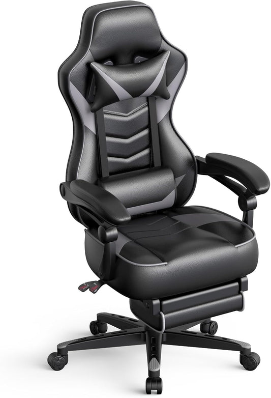 Ergonomic Gaming Chair with Adjustable Backrest and Seat Height, Swivel Recliner Design, Footrest and Lumbar Support, Gray