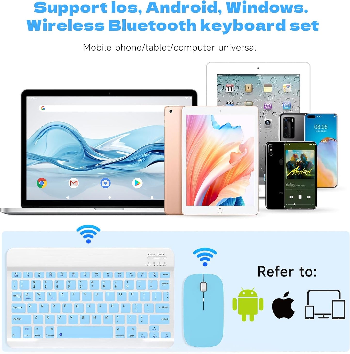 Bluetooth Keyboard and Mouse Combo, Qwert Layout Universal Ultra-Slim Wireless Keyboard Mouse Set for Android Windows Ipad Iphone Samsung Tablet Portable Compact Keyboard Set, Light Blue
