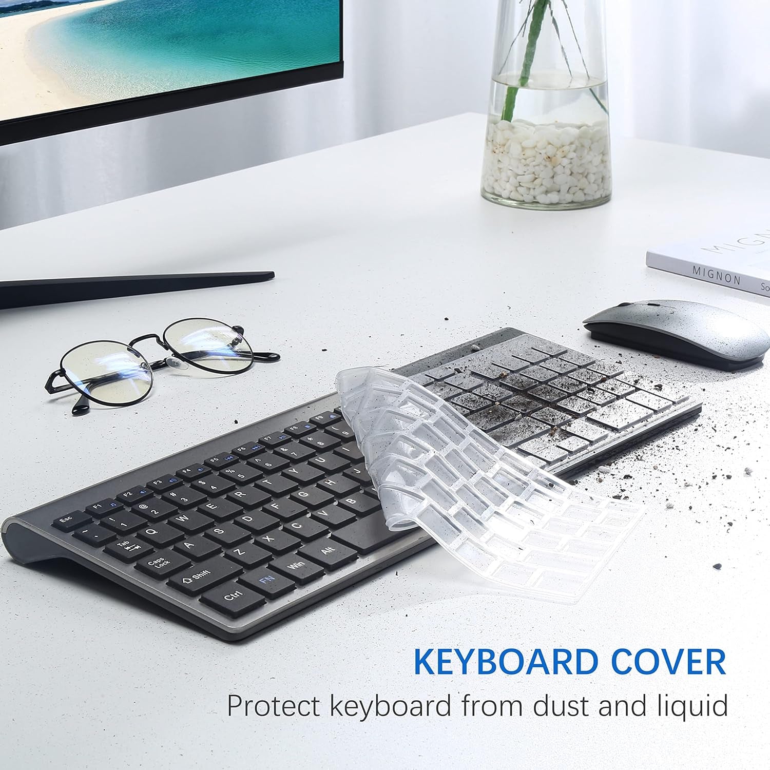 Wireless Keyboard and Mouse Ultra Slim Combo,  2.4G Silent Compact USB 2400DPI Mouse and Scissor Switch Keyboard Set with Cover, Batteries Included, for Pc/Laptop/Windows/Mac - Gray Black