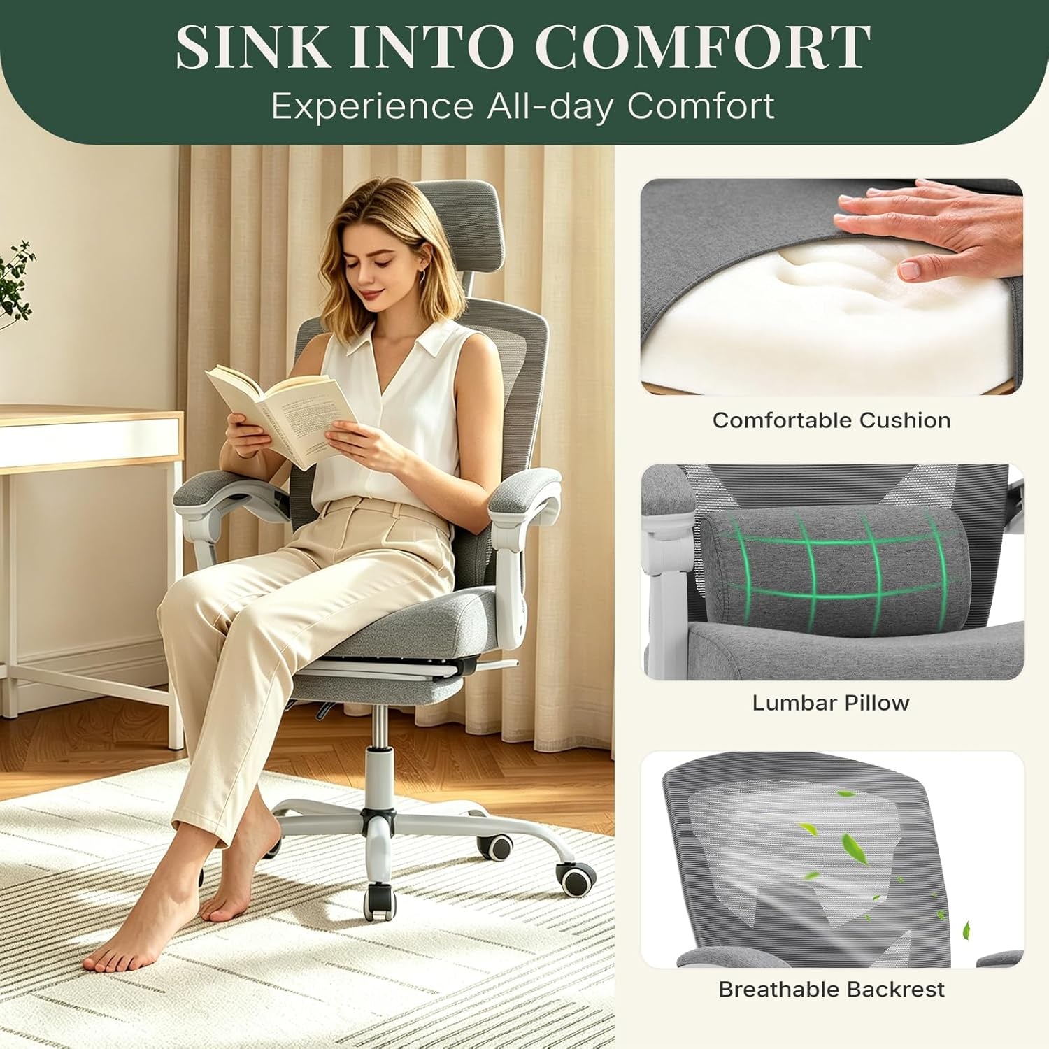 Ergonomic High Back Office Chair with Footrest and Lumbar Support, Adjustable Recline and Mesh Back for Home and Gaming, Grey