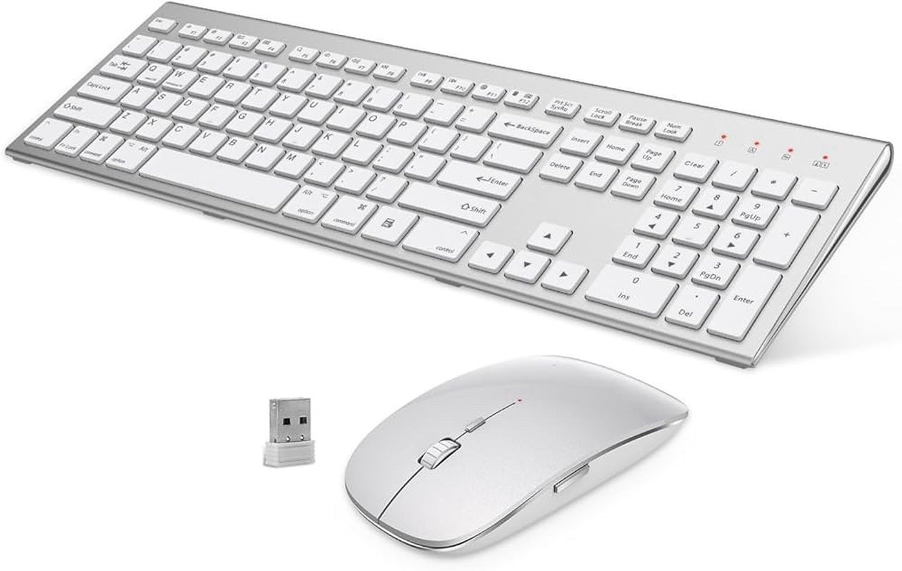 Wireless Keyboard and Mouse Silver White Full Size 2.4G USB Portables Quiet C...