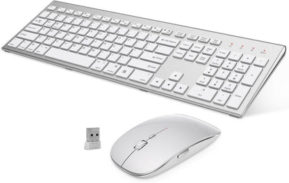 Wireless Keyboard and Mouse Silver White Full Size 2.4G USB Portables Quiet C...