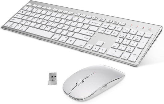 Wireless Keyboard and Mouse Silver White Full Size 2.4G USB Portables Quiet C...
