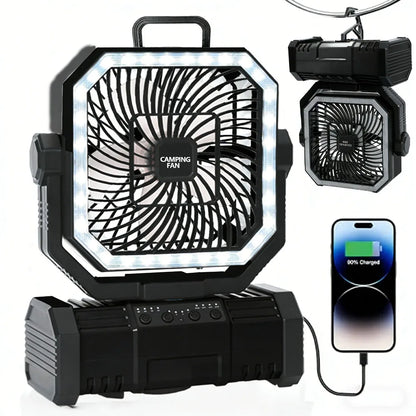 Camping Portable Desk Fan with LED Light Rechargeable Quiet Camping Fan 20000Mah Battery Hanging Hook for Trip Home Bedroom