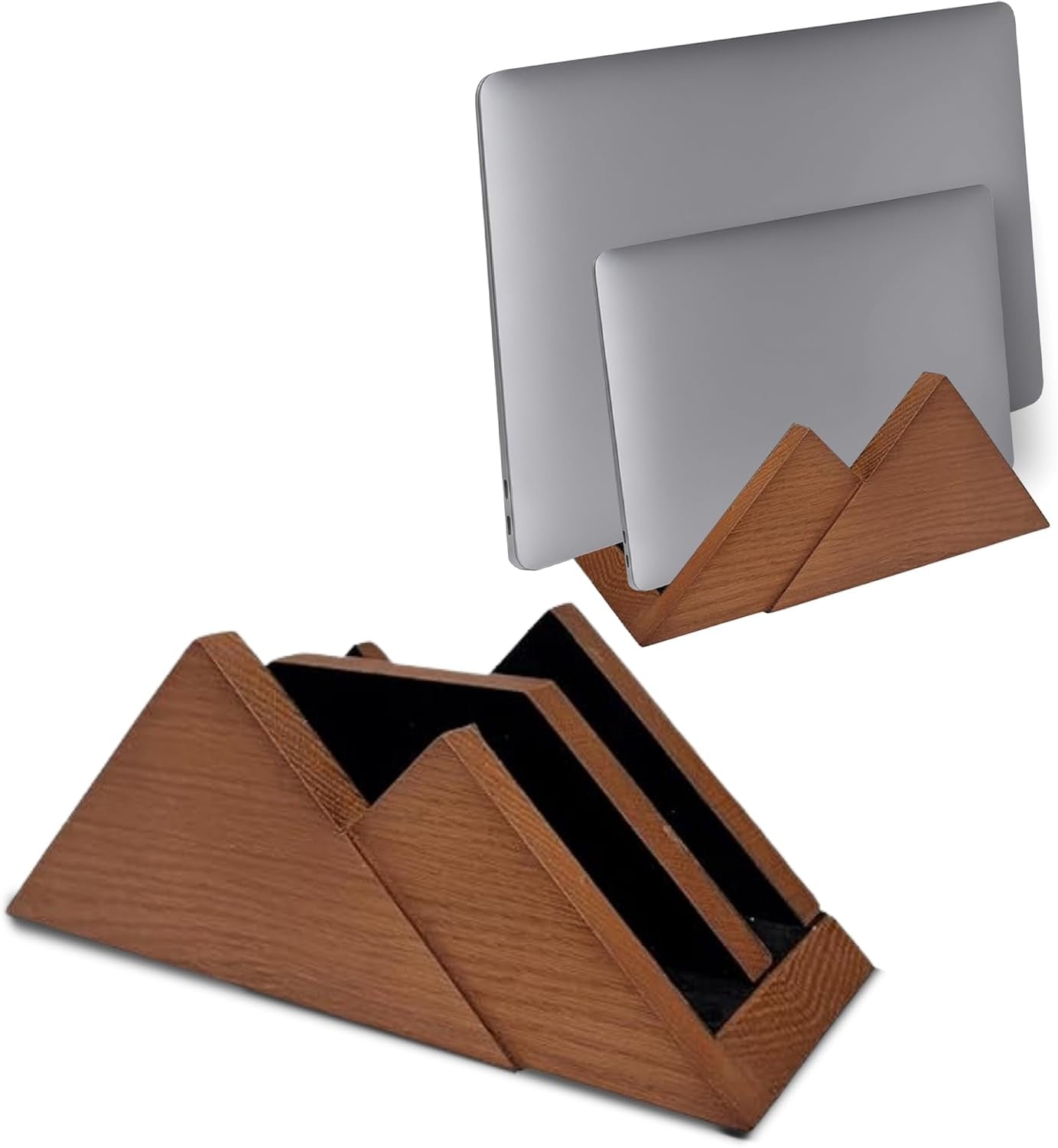 Dual Laptop Holder Vertical Stand 2 Slots Wooden - Light Brown (Oak Color) - Vertical Holder for Desk, Macbook Pro & Air, Desktop Organizer Made of Natural Wood, Adjustable Stand for Notebooks