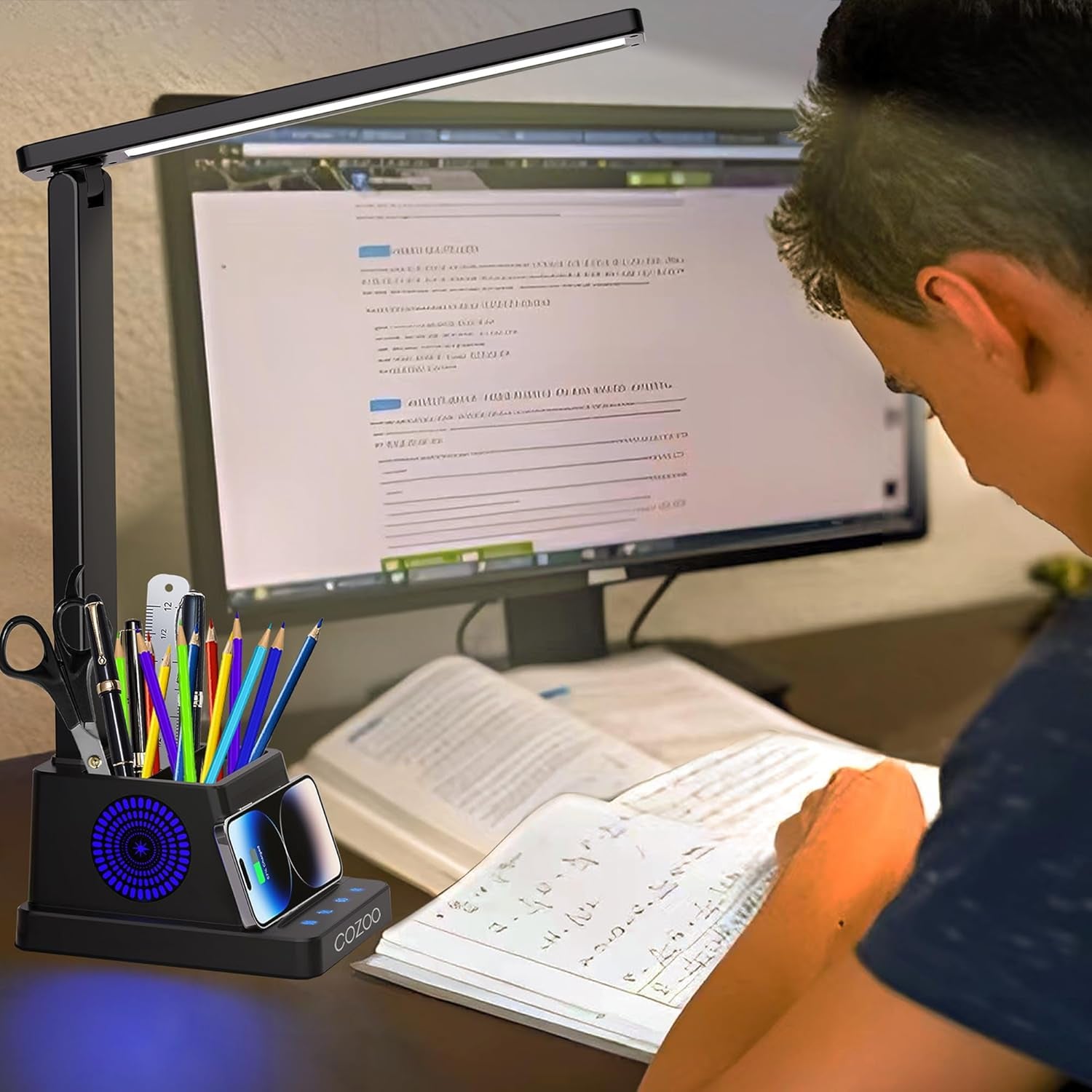LED Desk Lamp for Home Office, Desk Light with 15W Wireless Charger Pen Holder, 12 Lighting Modes Desk Lamp for Bedroom, Small Table Lamp for College Dorm, Study, Craft, Nail, Foldable Black