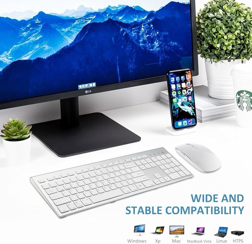 Wireless Keyboard and Mouse Silver White Full Size 2.4G USB Portables Quiet C...