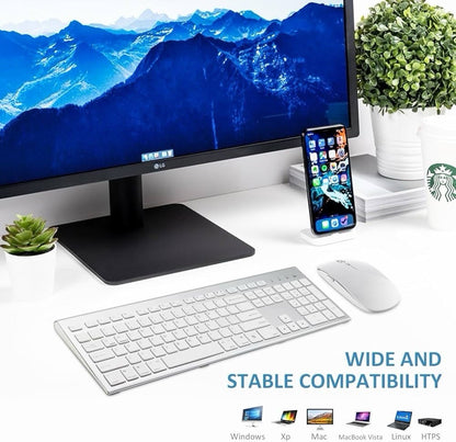 Wireless Keyboard and Mouse Silver White Full Size 2.4G USB Portables Quiet C...
